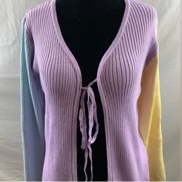 Rib Knit Tie Front Color Block Cardigan - Picture 2 of 4